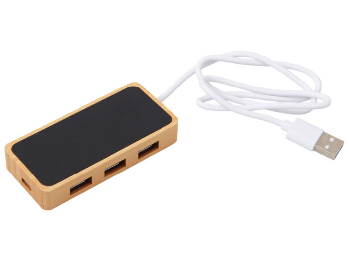 USB хаб с подсветкой лого Reedia S5, 3*USB, 1*Type C, черный/натуральный